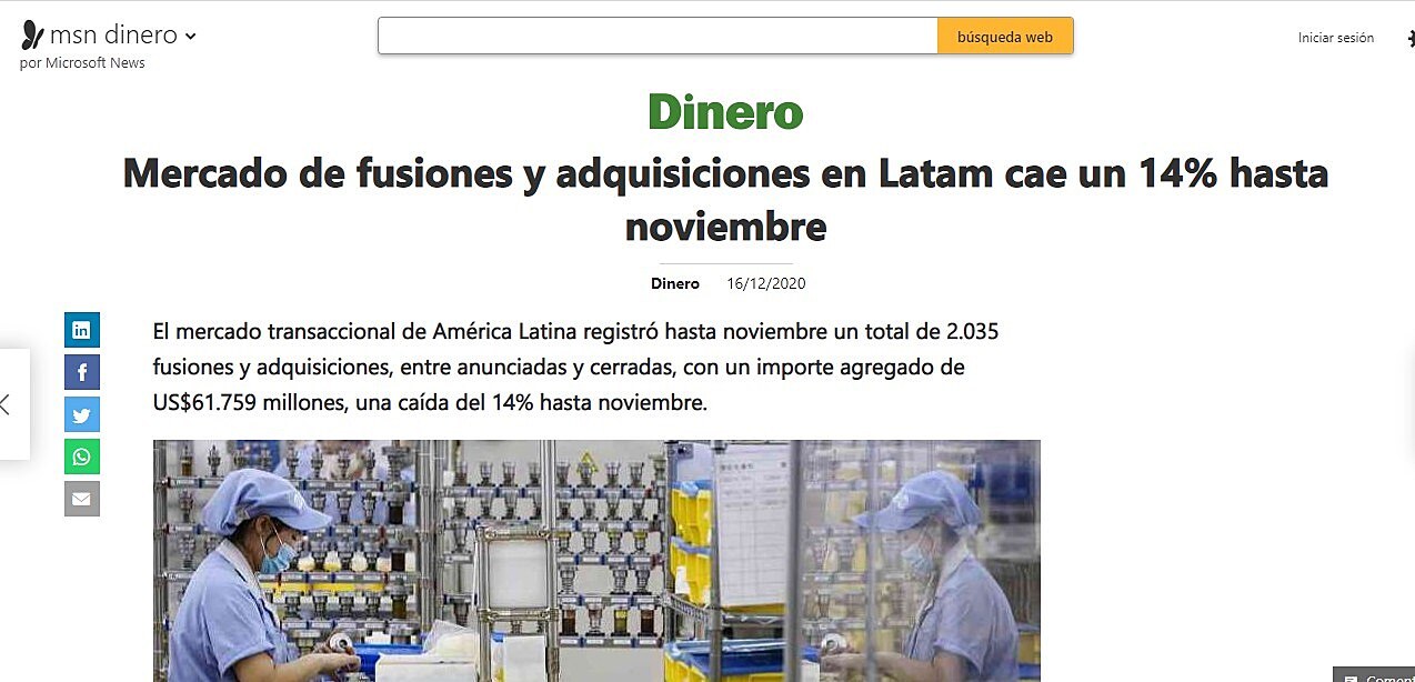 Mercado de fusiones y adquisiciones en Latam cae un 14% hasta noviembre